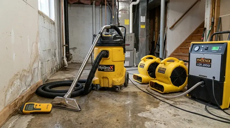 IICRC certified technician in Tyvek PPE suit extracting sewage backup from Provo, Utah basement laundry room