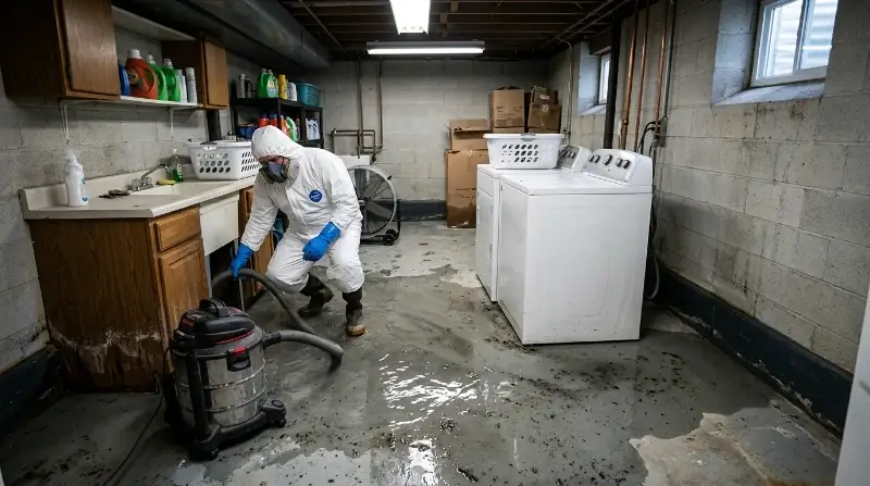 IICRC WRT certified technician using calibrated moisture meter for sewage damage assessment in Provo, Utah