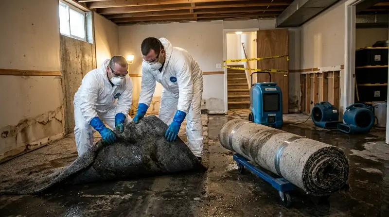 Technician treating a basement during sewer backup cleanup in Sandy, Utah